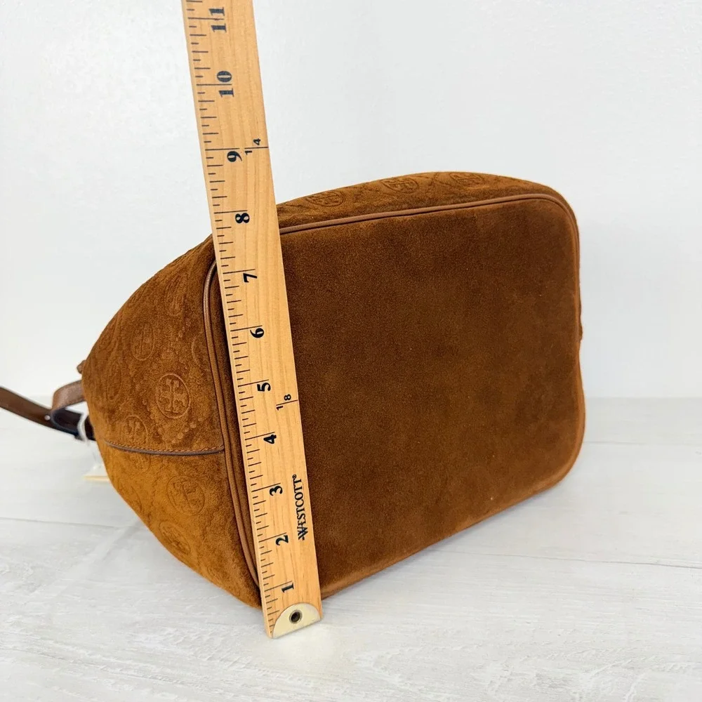 NWT Tory Burch T Monogram Suede Oversized Bucket Bag OS Chicory Brown Drawstring